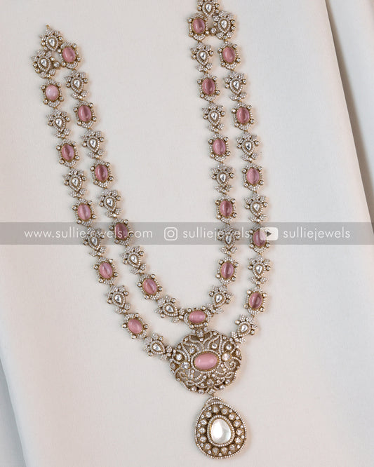 Two Layer Victorian Emerlad Polki Longchain / Haaram with Earrings - Pastel Pink
