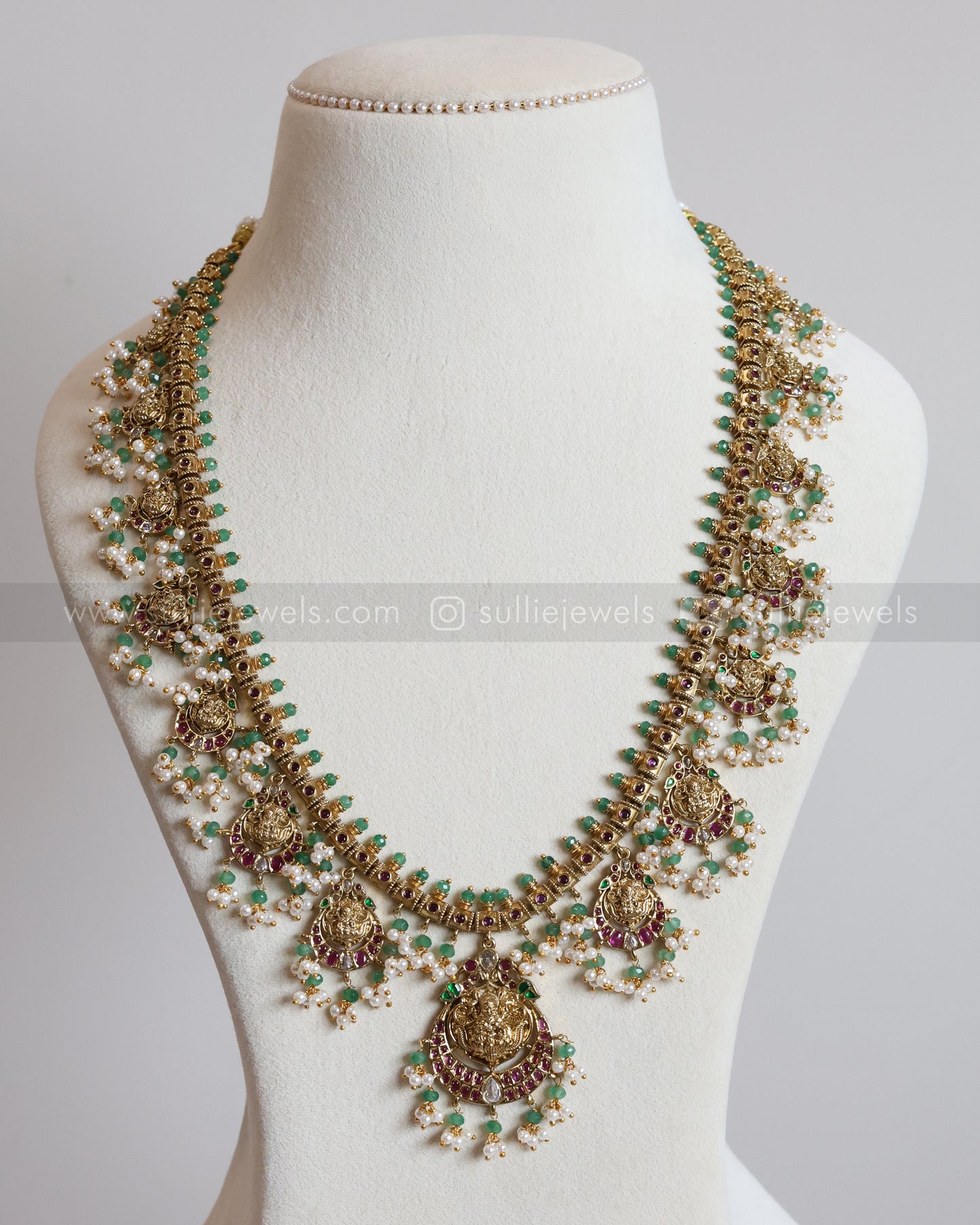 7113 - Lakshmi Mint Beads & Ruby Stone Guttapusalu Haram with Earrings