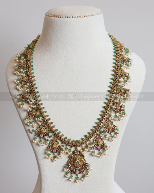 7113 - Lakshmi Mint Beads & Ruby Stone Guttapusalu Haram with Earrings
