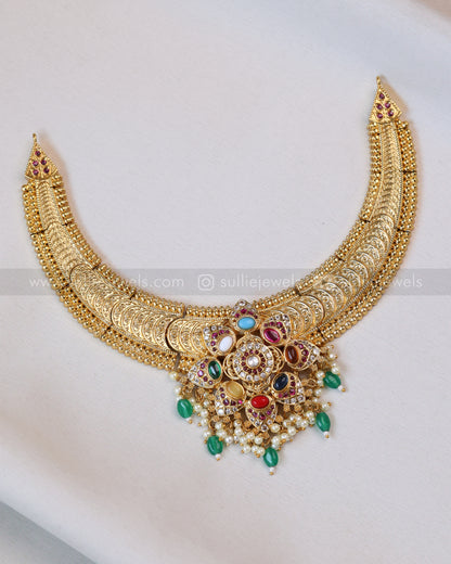 3563 - Multicolour Stone Broad Kaashumaala Necklace with Jhumka