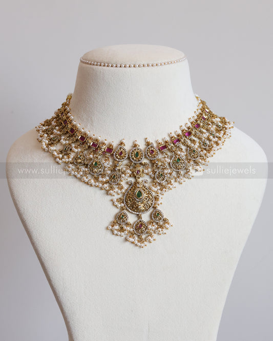 3553 - No Idol AD Raindrop Pendant Guttapusalu Hanging Necklace with Earring