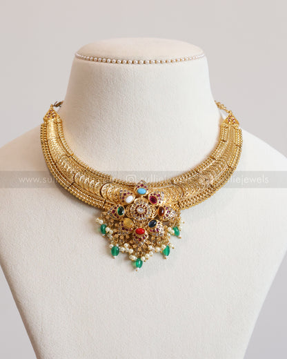 3563 - Multicolour Stone Broad Kaashumaala Necklace with Jhumka