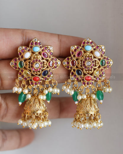 3563 - Multicolour Stone Broad Kaashumaala Necklace with Jhumka