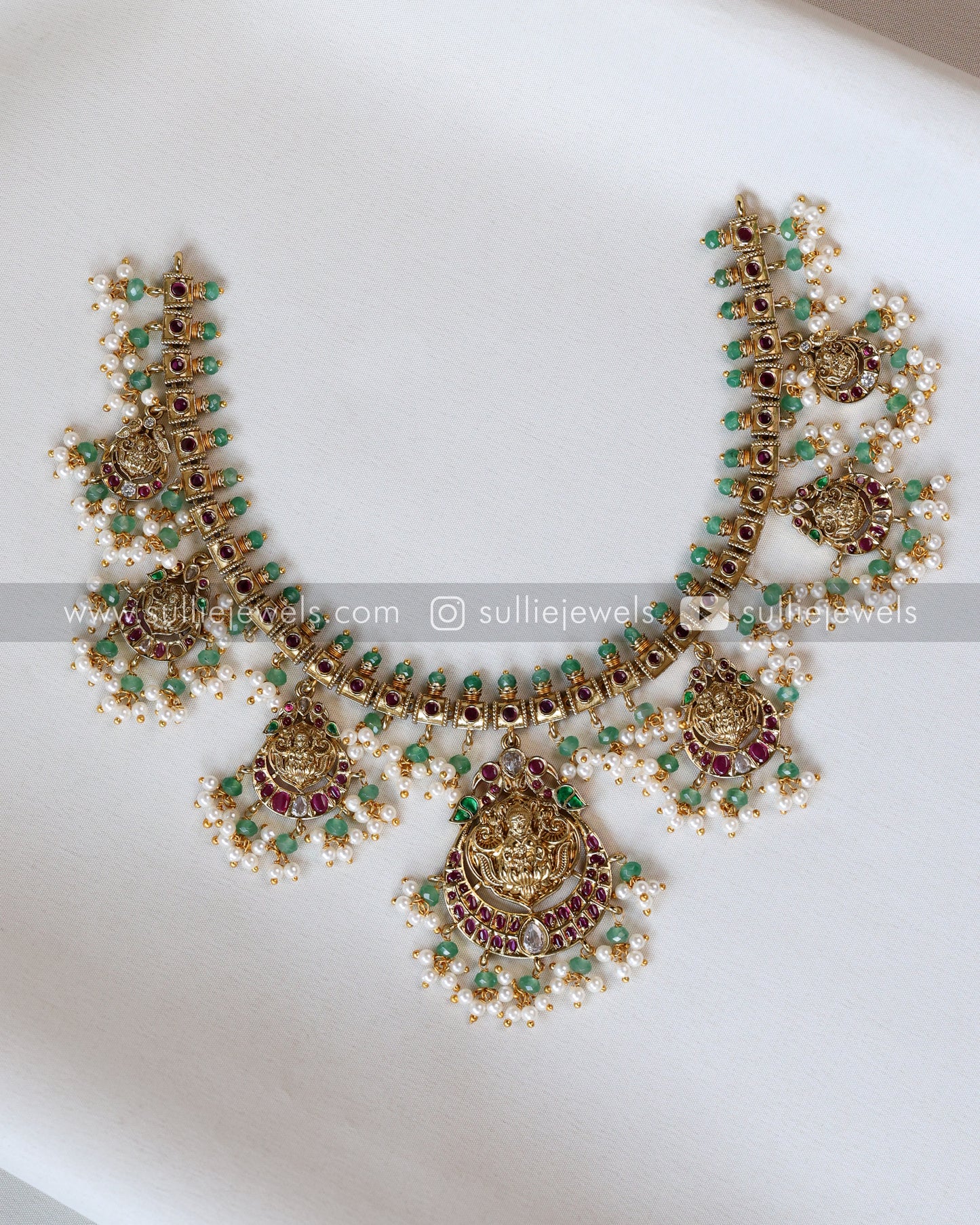 3551 - Lakshmi Mint Beads & Ruby Stone Guttapusalu Necklace with Earrings