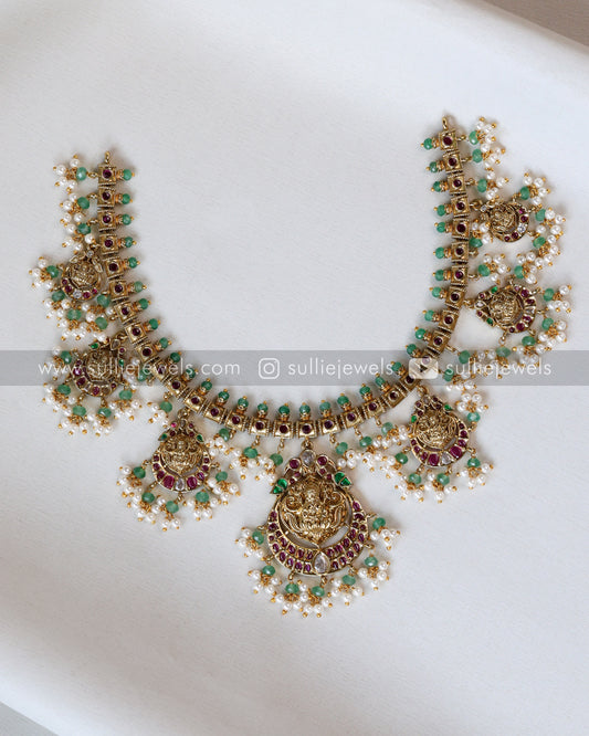 3551 - Lakshmi Mint Beads & Ruby Stone Guttapusalu Necklace with Earrings
