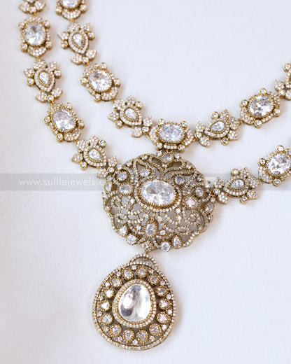 3375 - Two Layer Victorian Polki Necklace with Earrings - White