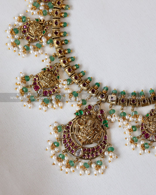 3551 - Lakshmi Mint Beads & Ruby Stone Guttapusalu Necklace with Earrings