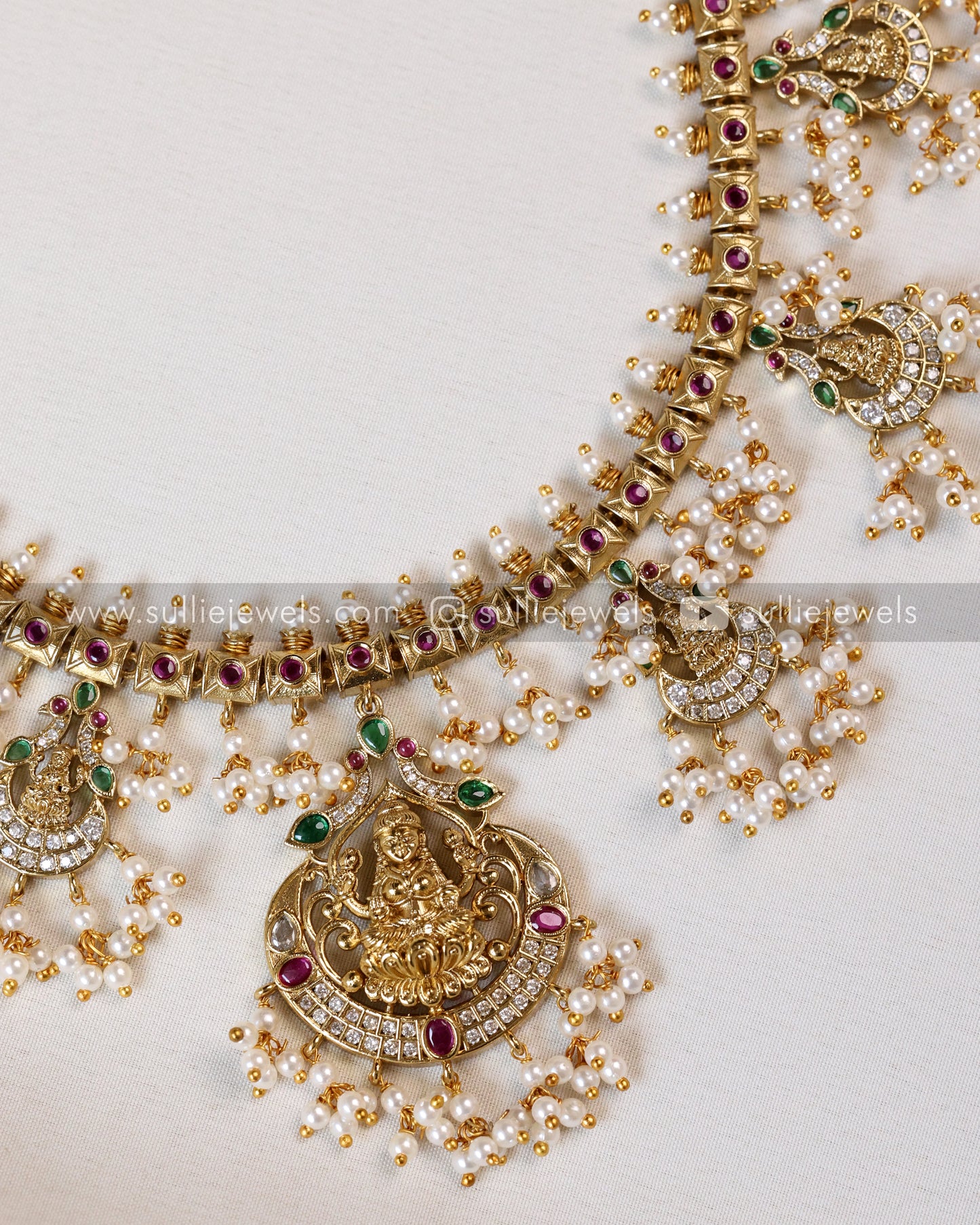 3552 - Lakshmi Pearl & White Stone Guttapusalu Necklace with Earrings