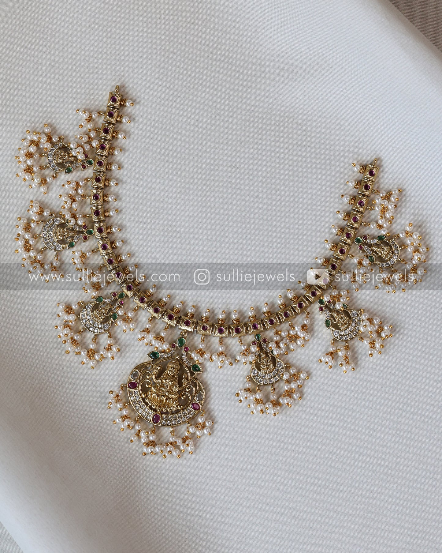 3552 - Lakshmi Pearl & White Stone Guttapusalu Necklace with Earrings