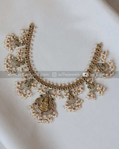 3552 - Lakshmi Pearl & White Stone Guttapusalu Necklace with Earrings