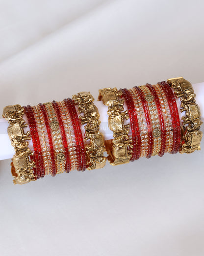 Premium Red Bridal Temple Bangle Combo - Set of 22 bangles