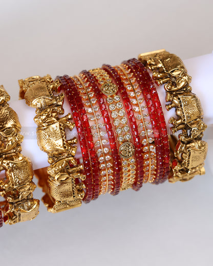 Premium Red Bridal Temple Bangle Combo - Set of 22 bangles