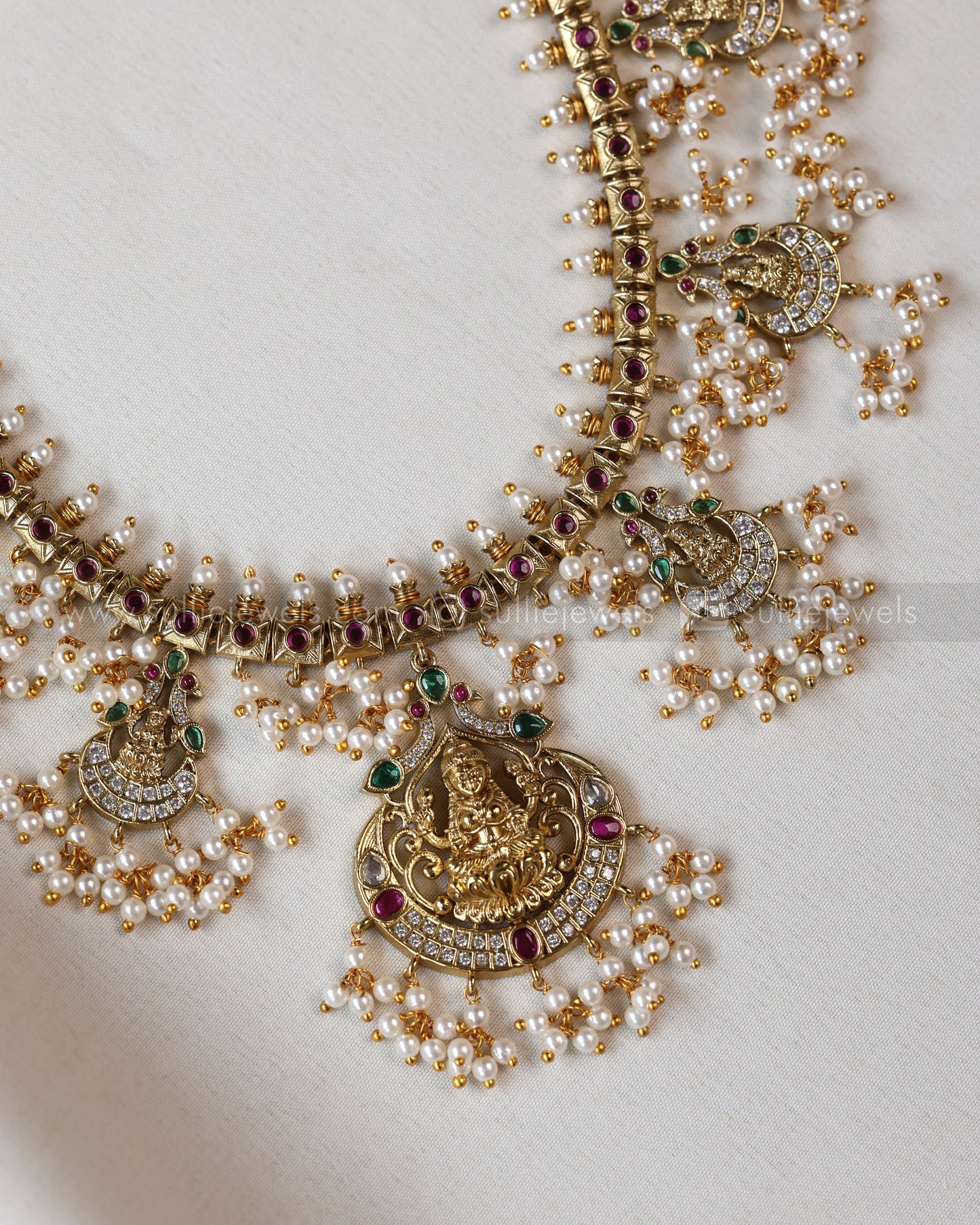 7112 - Lakshmi Pearl & White Stone Guttapusalu Haram with Earrings