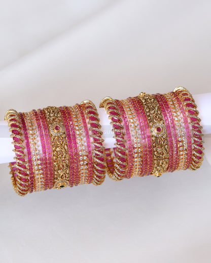Premium Pink Bridal Temple Bangle Combo - Set of 22 bangles