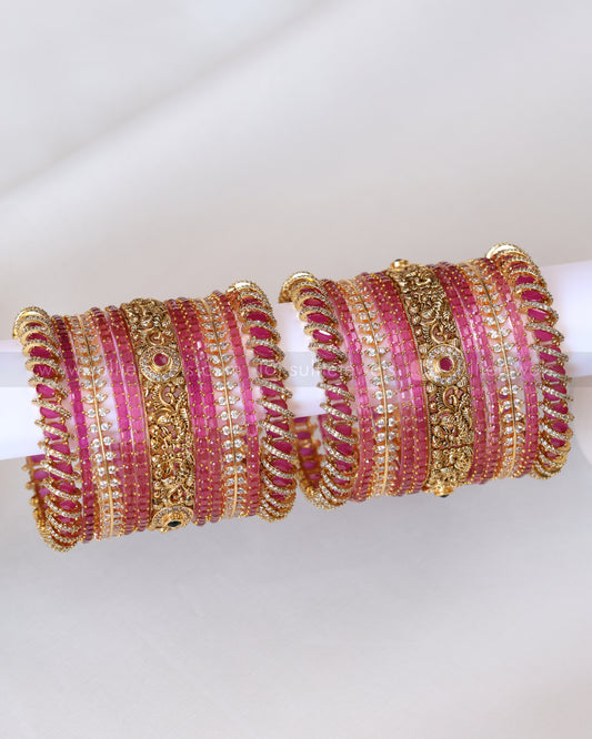 Premium Pink Bridal Temple Bangle Combo - Set of 22 bangles