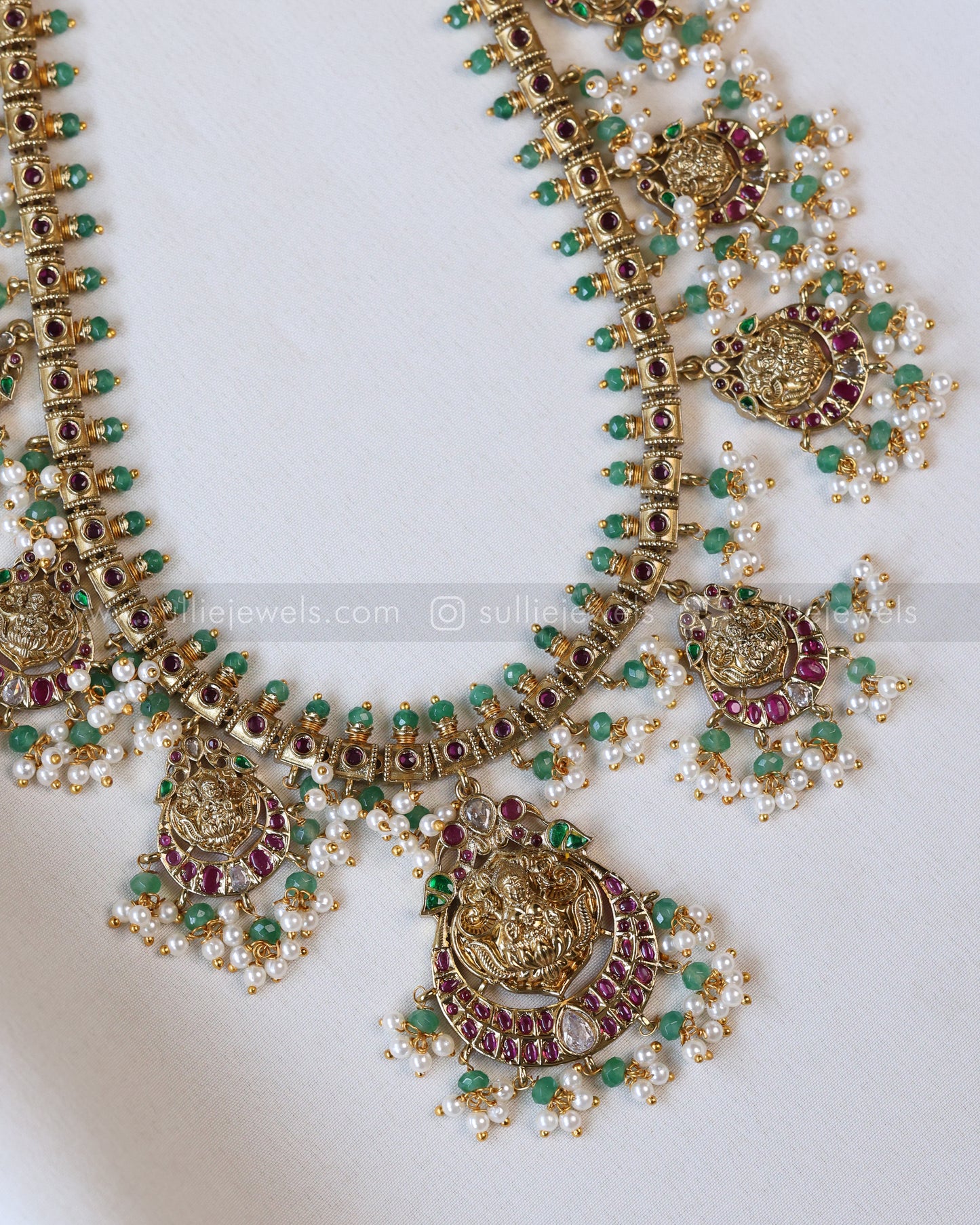 7113 - Lakshmi Mint Beads & Ruby Stone Guttapusalu Haram with Earrings