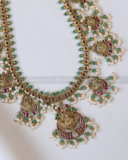 7113 - Lakshmi Mint Beads & Ruby Stone Guttapusalu Haram with Earrings