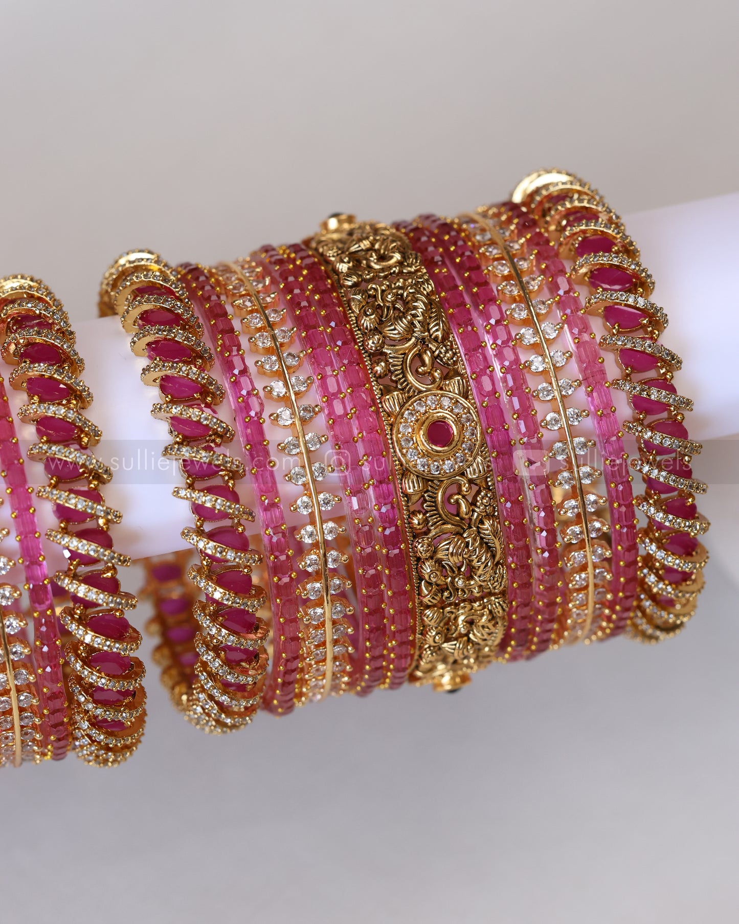 Premium Pink Bridal Temple Bangle Combo - Set of 22 bangles