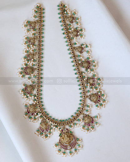 7113 - Lakshmi Mint Beads & Ruby Stone Guttapusalu Haram with Earrings
