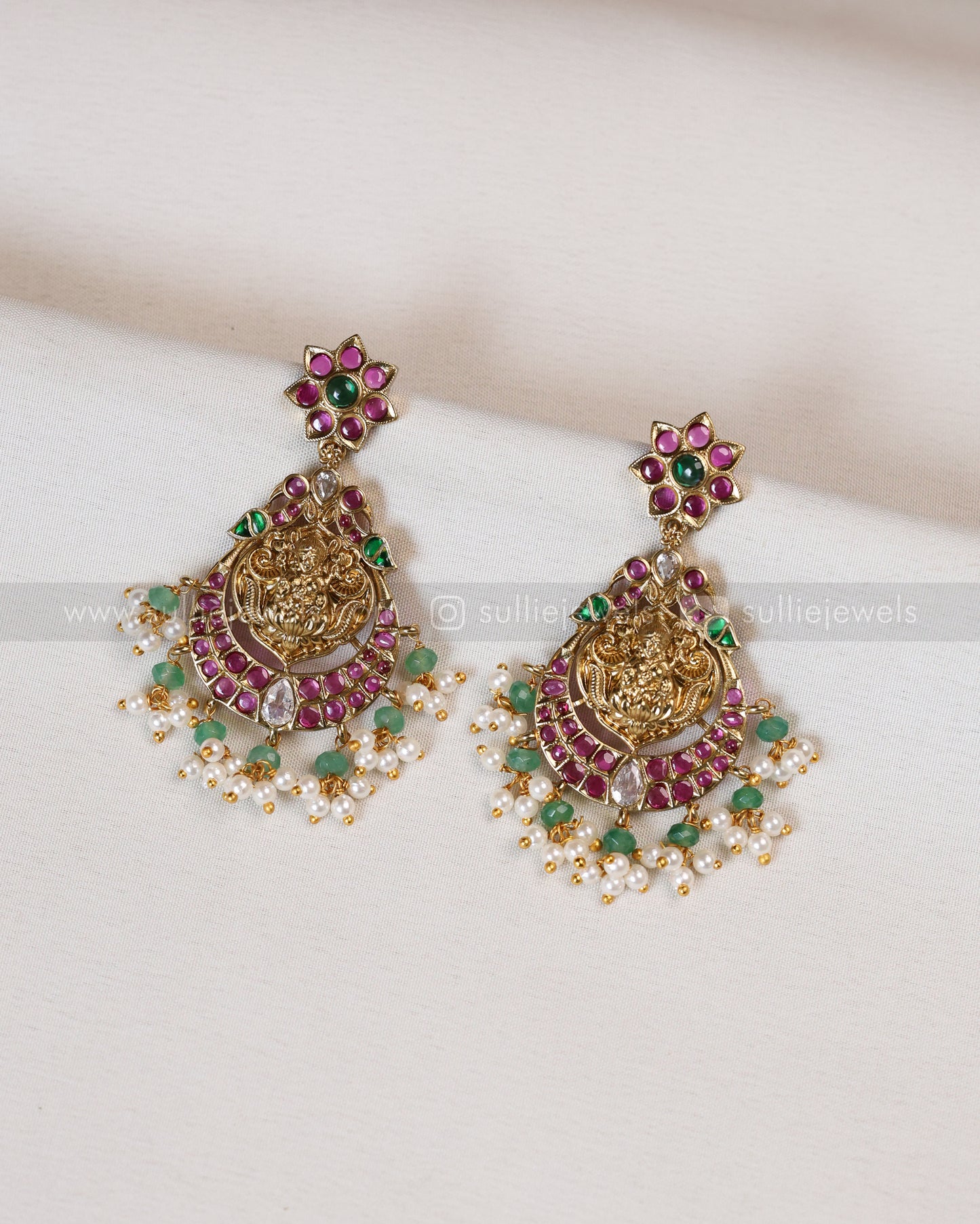 3551 - Lakshmi Mint Beads & Ruby Stone Guttapusalu Necklace with Earrings