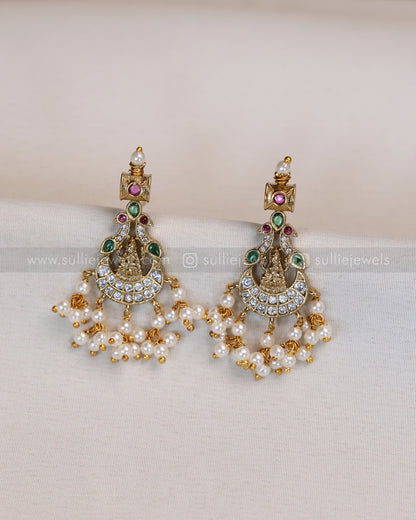 3552 - Lakshmi Pearl & White Stone Guttapusalu Necklace with Earrings