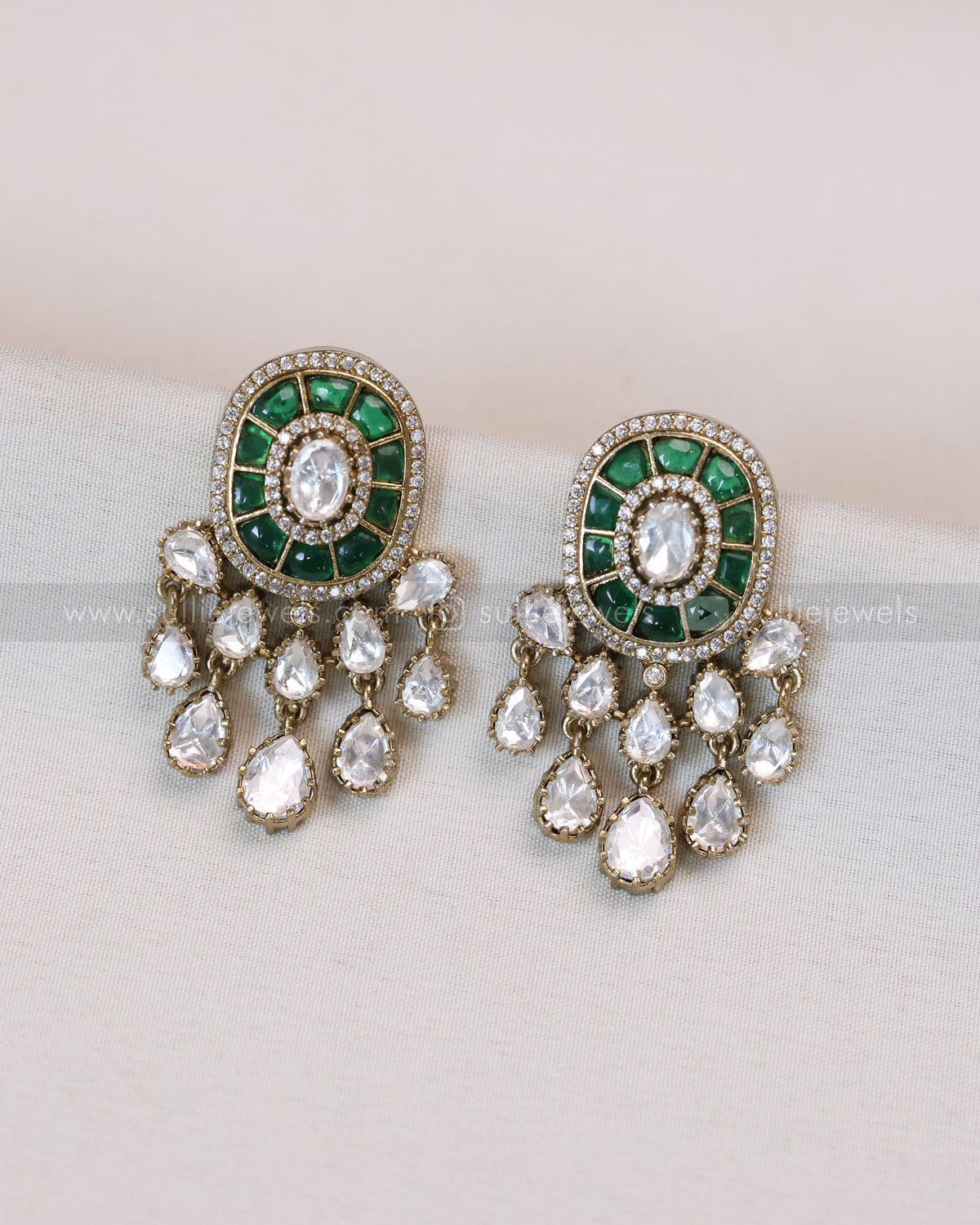 Victorian Premium Polki Earring - Emerald