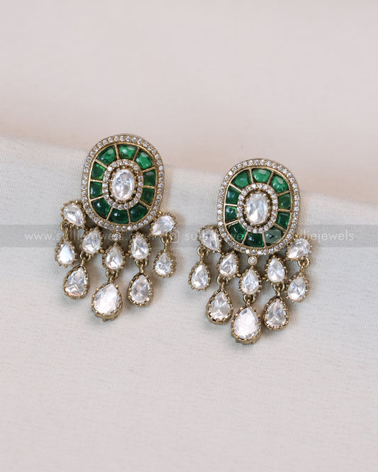 Victorian Premium Polki Earring - Emerald
