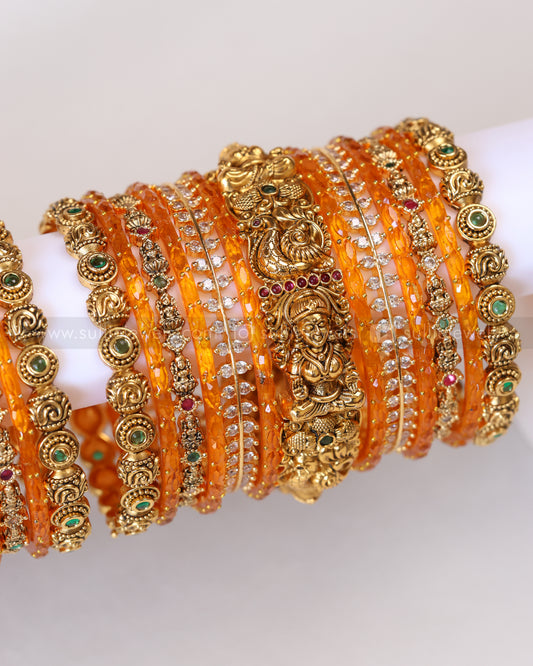 Premium Orange Bridal Temple Bangle Combo - Set of 26 bangles