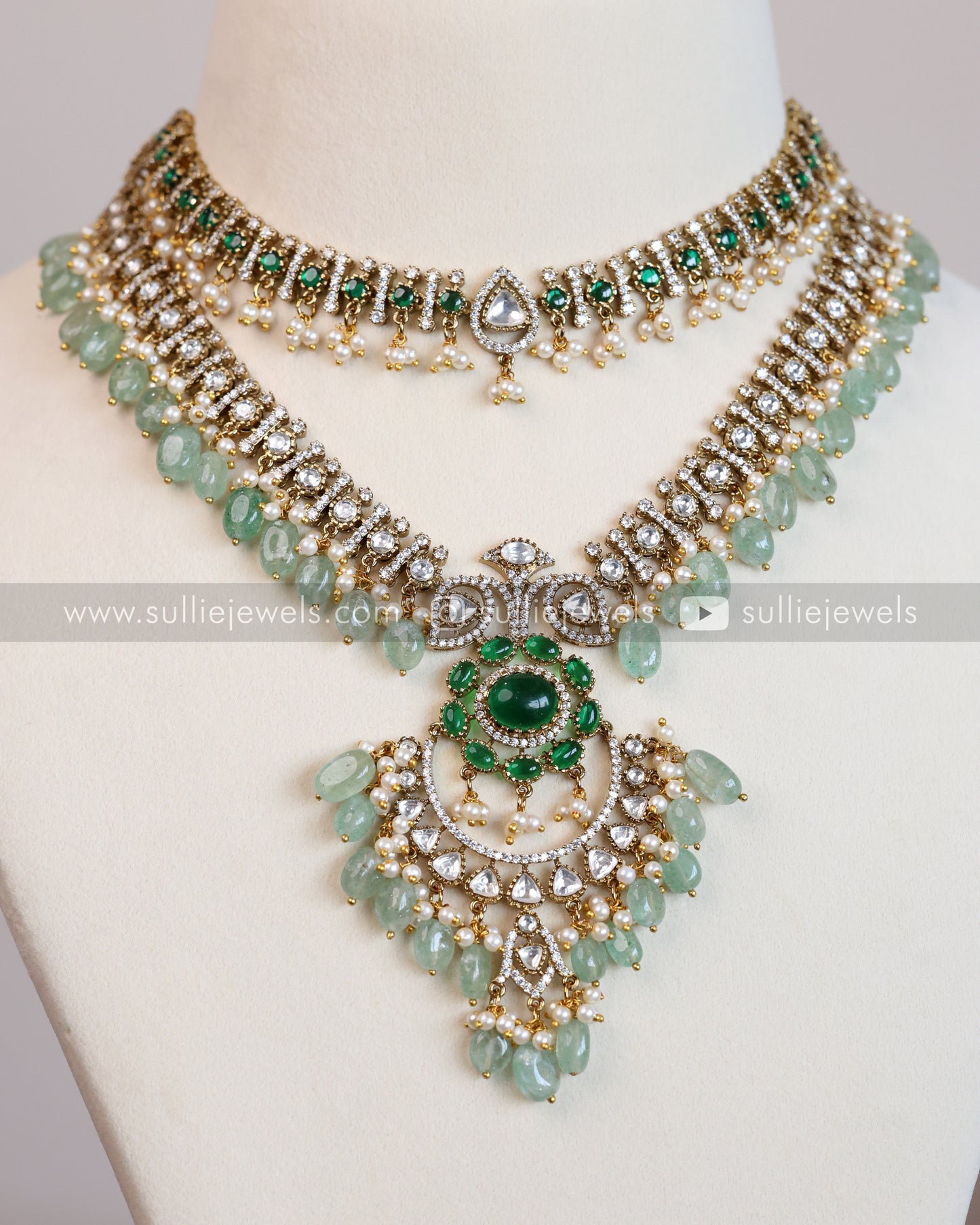 Emerald Premium Victorian Double Layer Necklace with Earring - Mint Beads