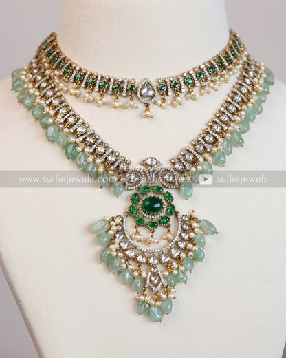 Emerald Premium Victorian Double Layer Necklace with Earring - Mint Beads