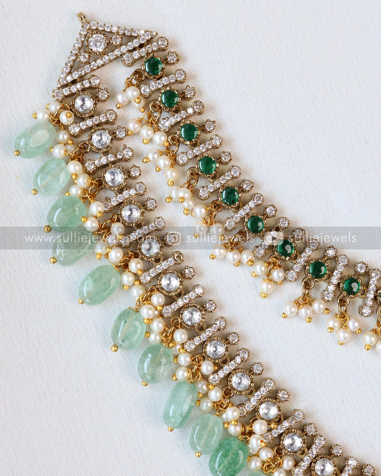 Emerald Premium Victorian Double Layer Necklace with Earring - Mint Beads
