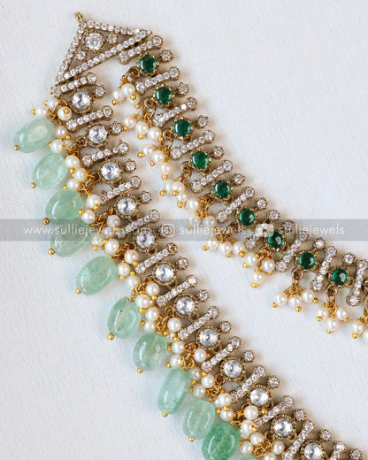 Emerald Premium Victorian Double Layer Necklace with Earring - Mint Beads