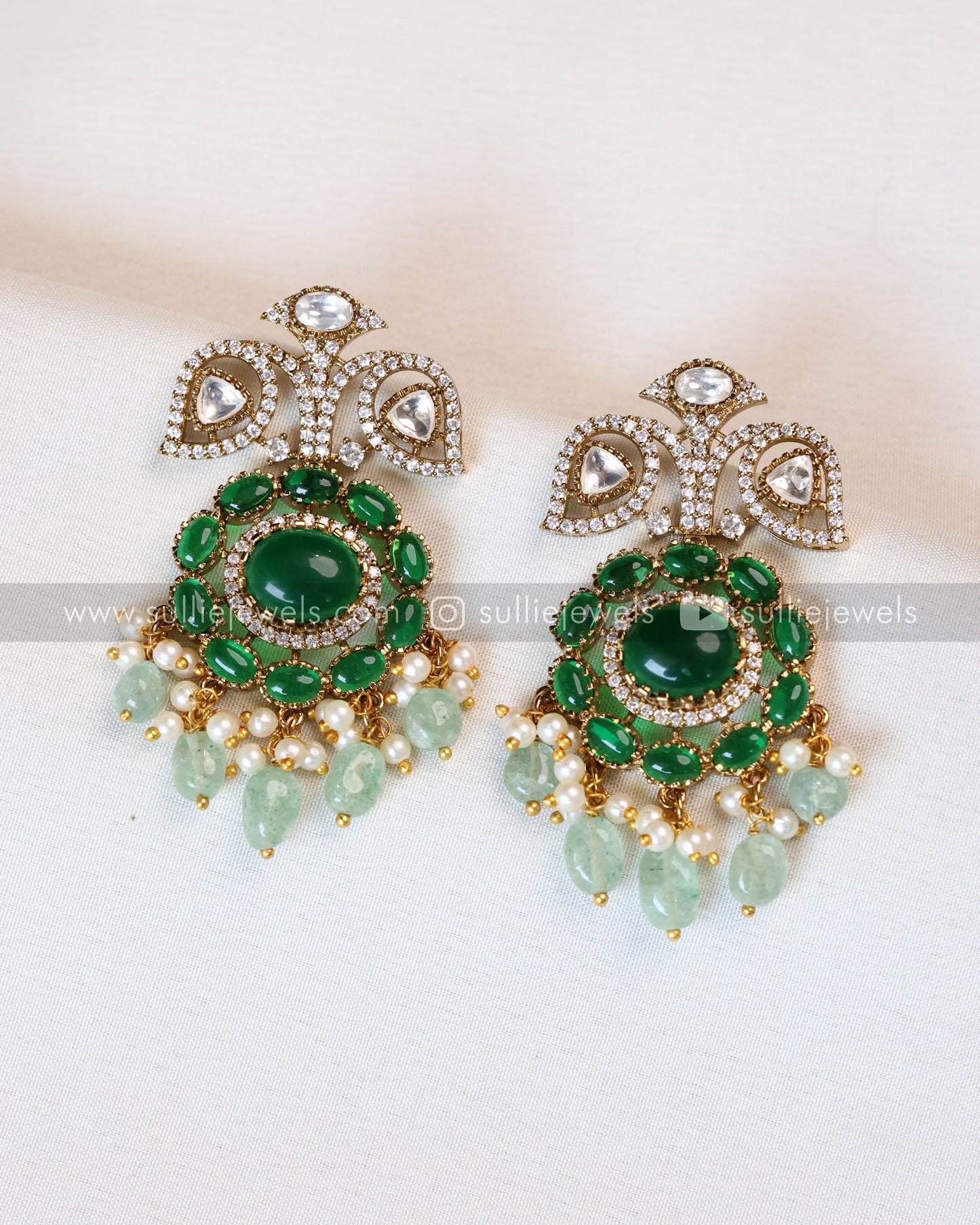 Emerald Premium Victorian Double Layer Necklace with Earring - Mint Beads