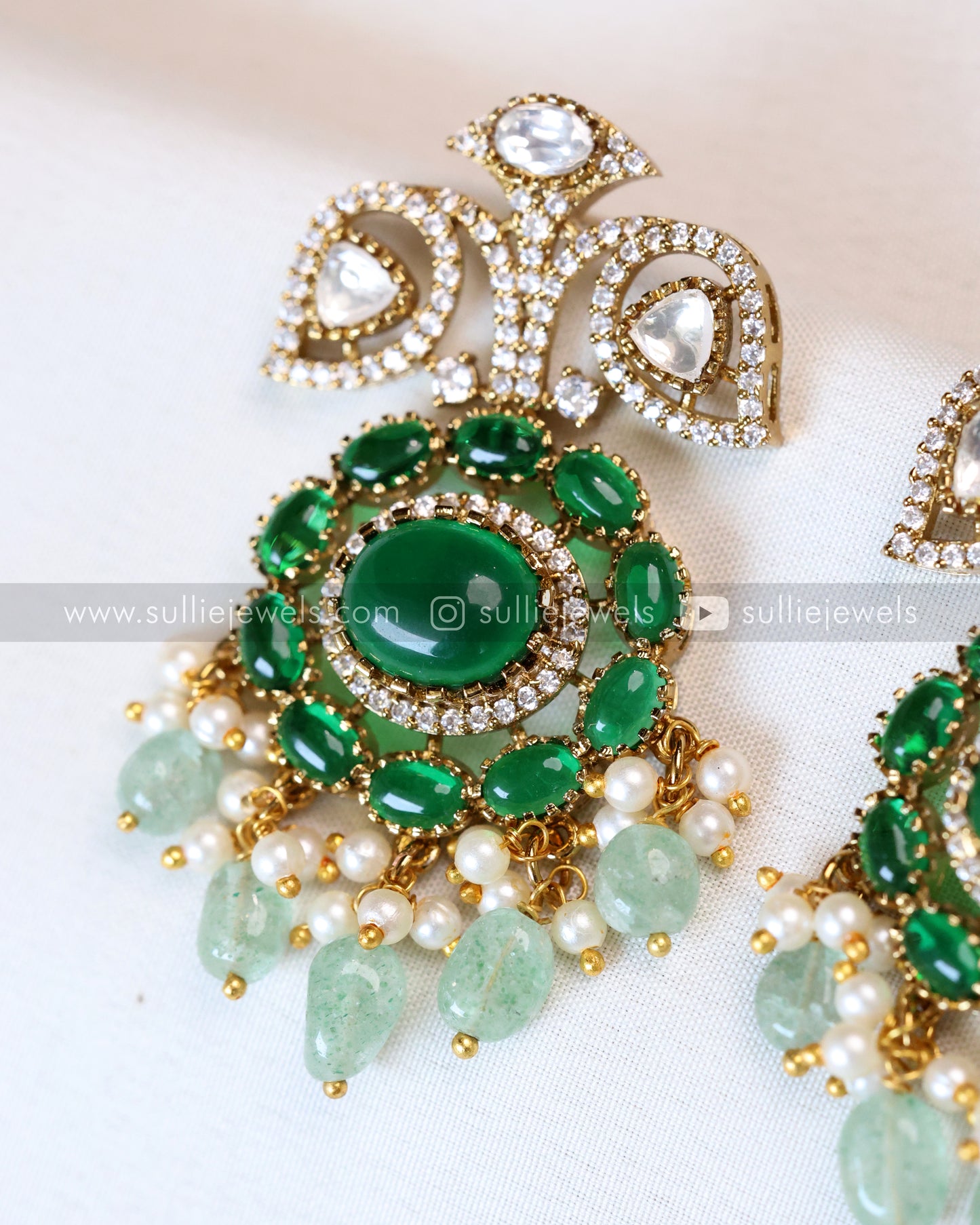 Emerald Premium Victorian Double Layer Necklace with Earring - Mint Beads