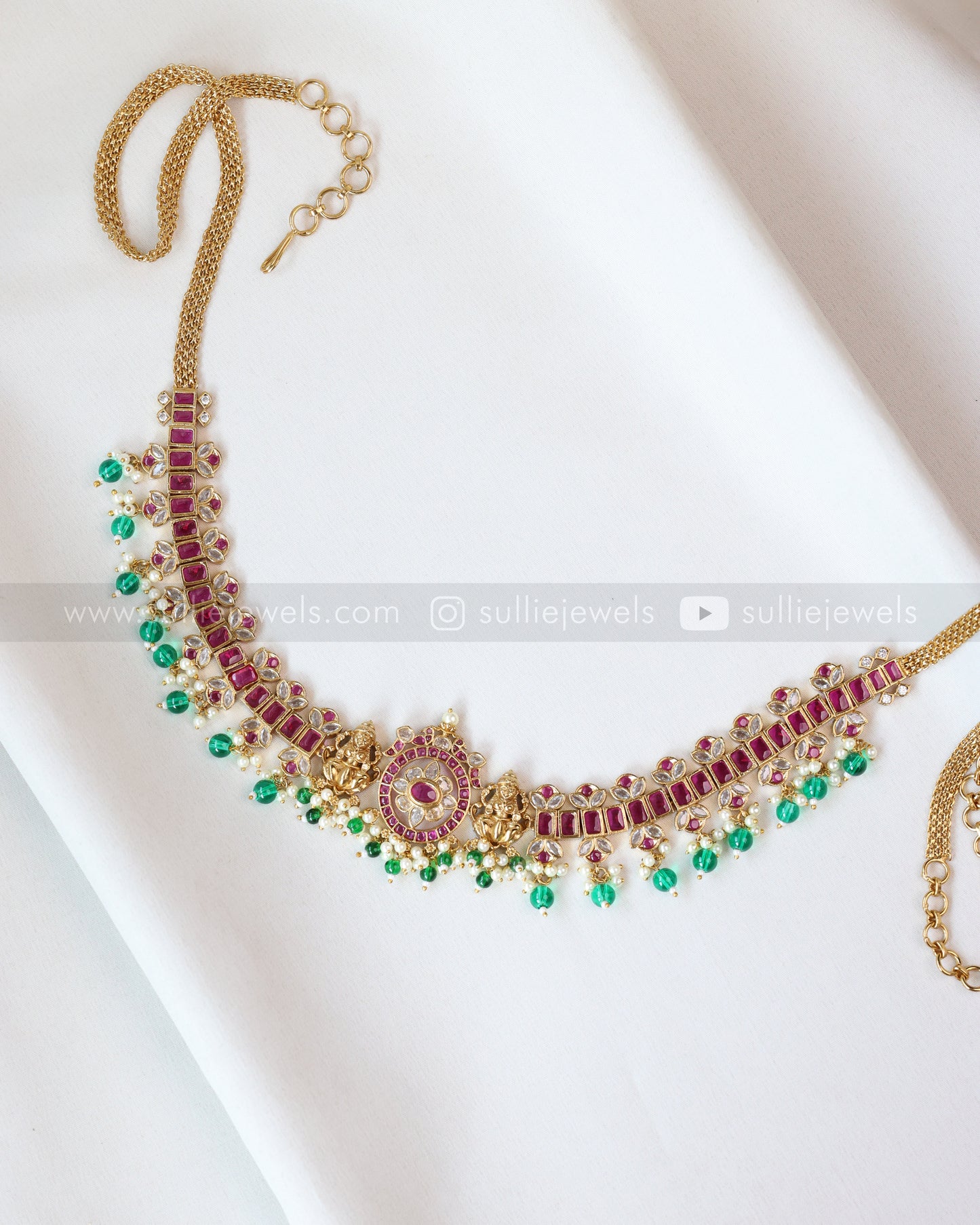 H193 - Lakshmi Ruby Kemp Mint Green Beads Hipchain