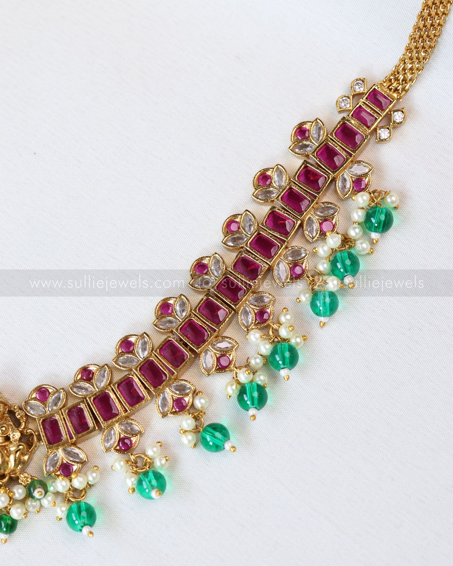 H193 - Lakshmi Ruby Kemp Mint Green Beads Hipchain
