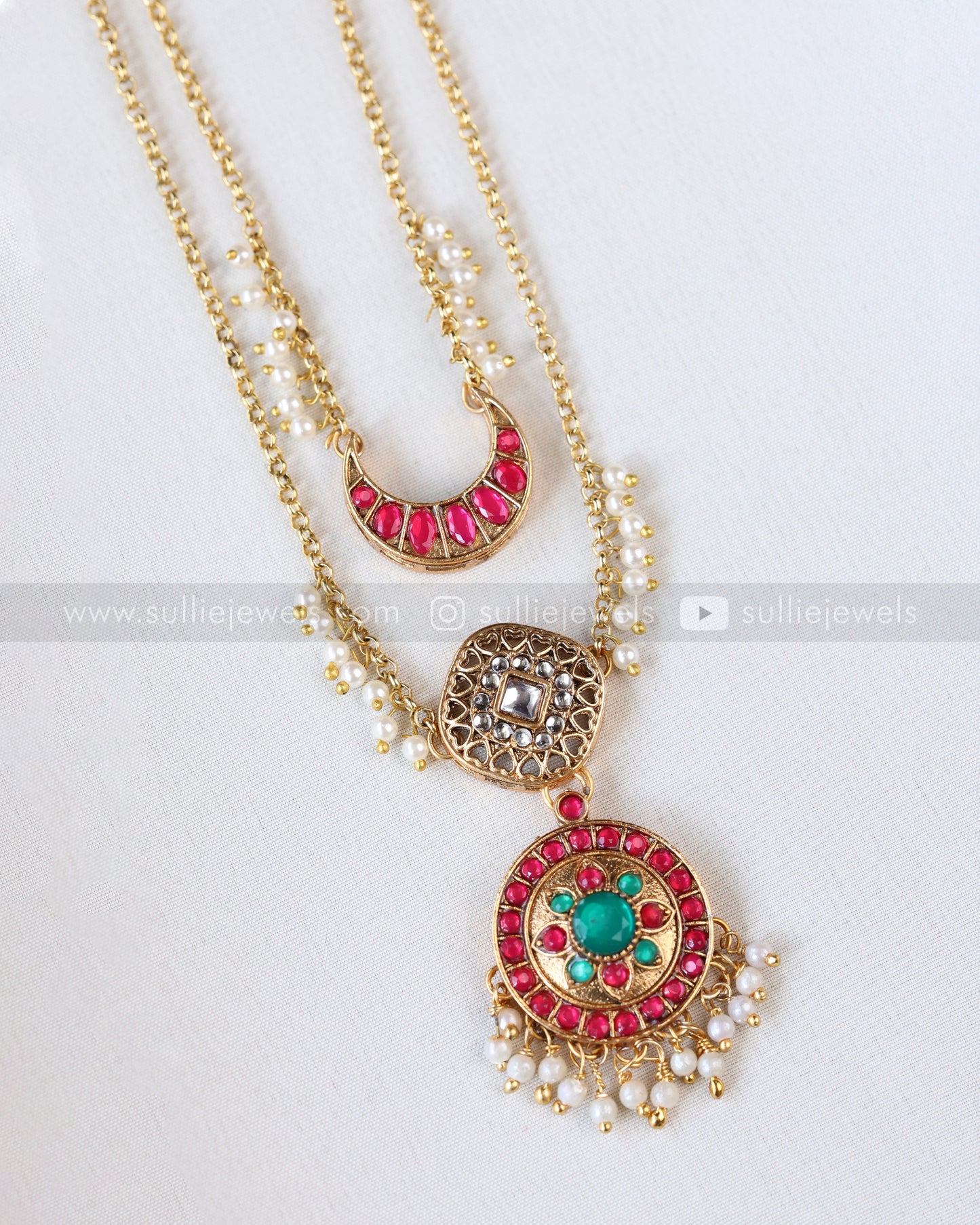 3857 - Sullie Basic Jadau Replica Pink & Green Blue Two Layer Designer Chain with Stud
