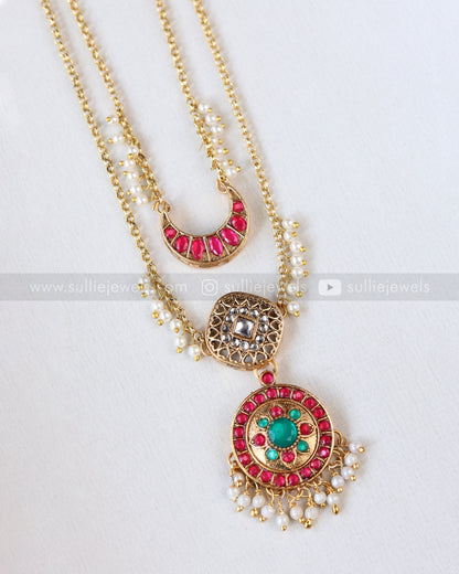 3857 - Sullie Basic Jadau Replica Pink & Green Blue Two Layer Designer Chain with Stud
