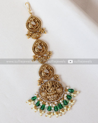 1068 - Premium Lakshmi Detailed Stone Tikka / Nettichutti - Green Beads