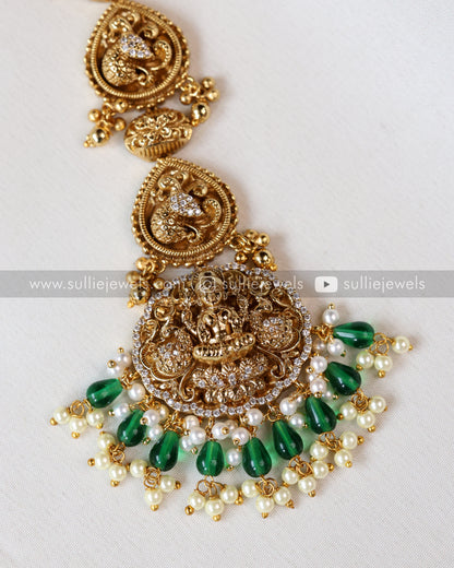 1068 - Premium Lakshmi Detailed Stone Tikka / Nettichutti - Green Beads
