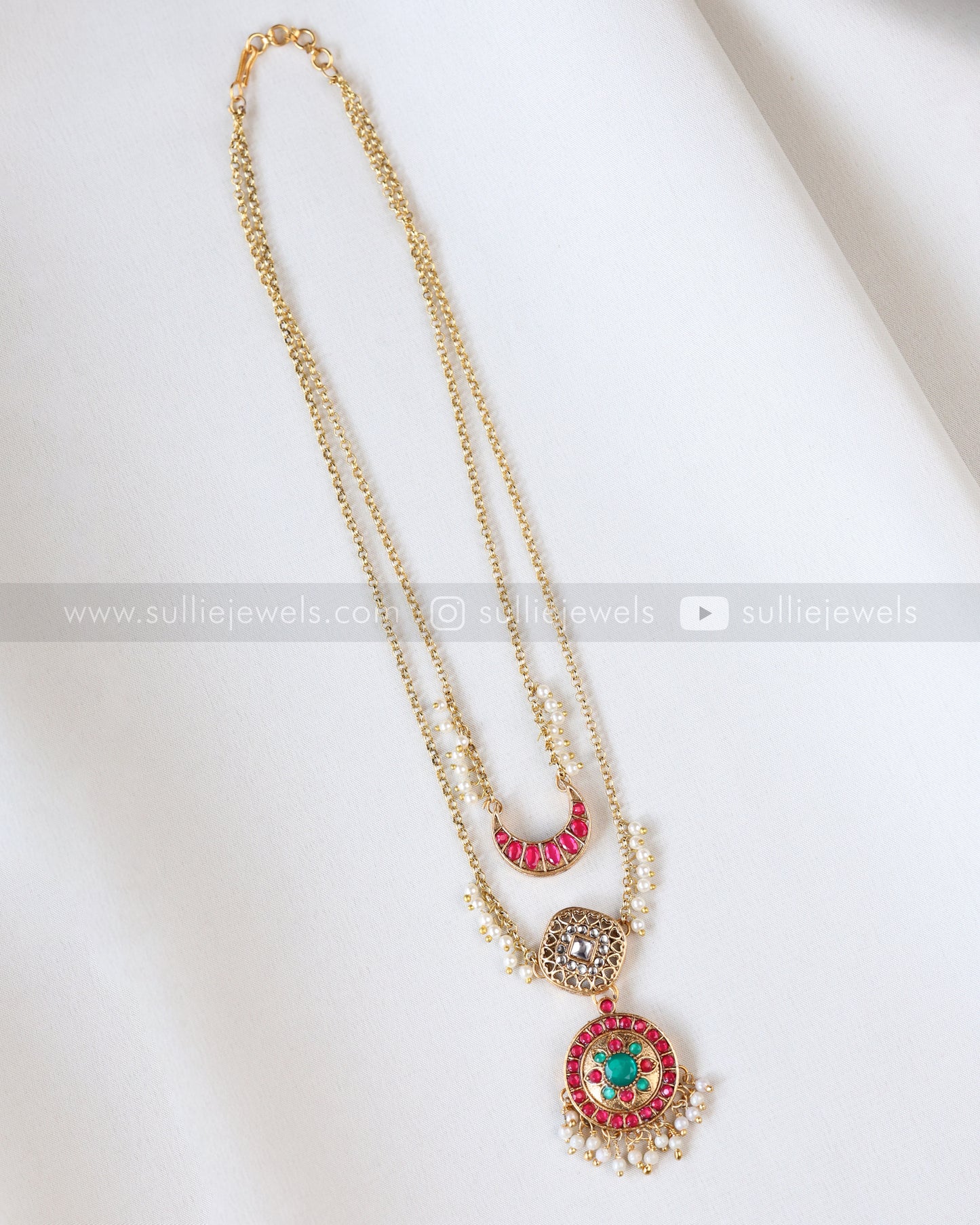 3857 - Sullie Basic Jadau Replica Pink & Green Blue Two Layer Designer Chain with Stud