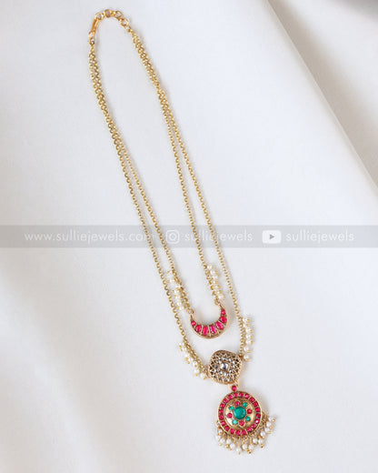 3857 - Sullie Basic Jadau Replica Pink & Green Blue Two Layer Designer Chain with Stud