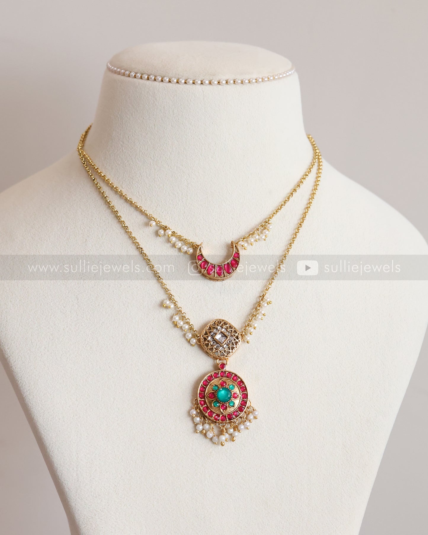 3857 - Sullie Basic Jadau Replica Pink & Green Blue Two Layer Designer Chain with Stud