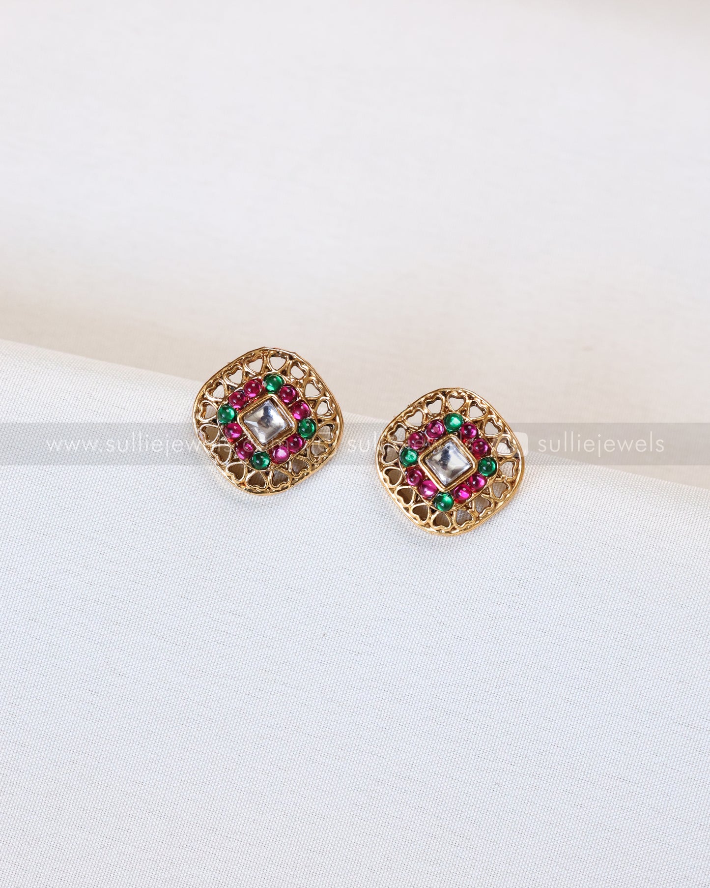 3857 - Sullie Basic Jadau Replica Pink & Green Blue Two Layer Designer Chain with Stud
