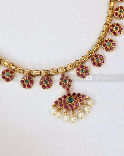Floral AD Stone & Gold Tube Bead Attigai Layered Combo