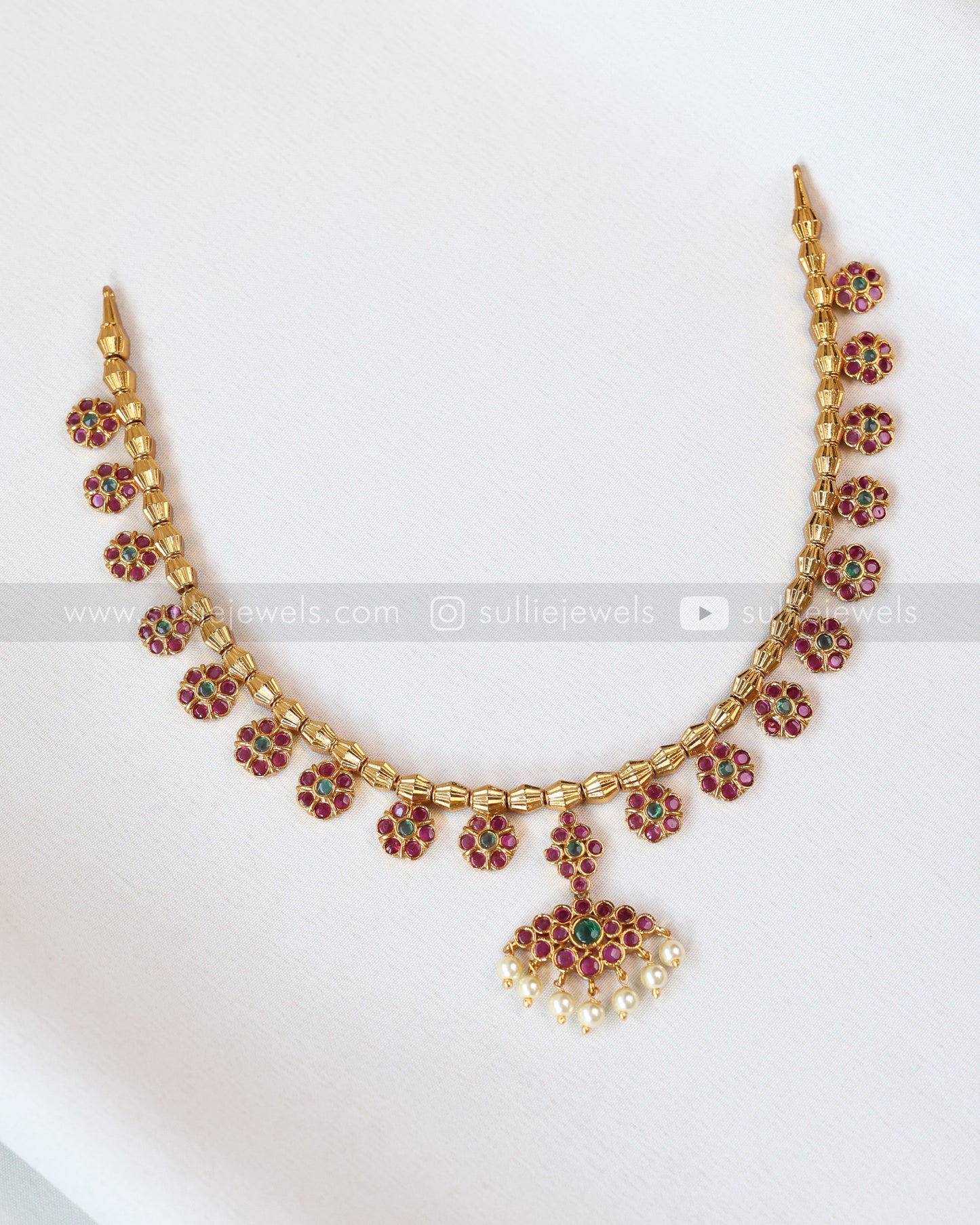 Floral AD Stone & Gold Tube Bead Attigai Layered Combo