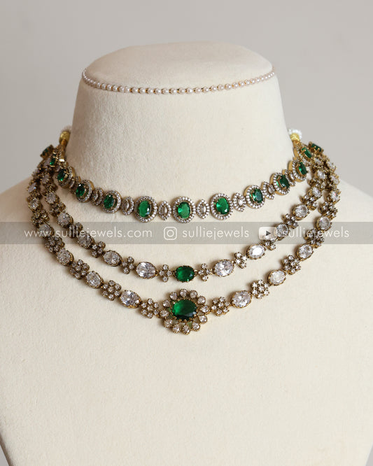 Emerald Green Stone Premium Layered Combo with Earrings