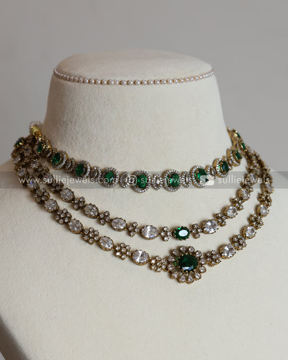Emerald Green Stone Premium Layered Combo with Earrings