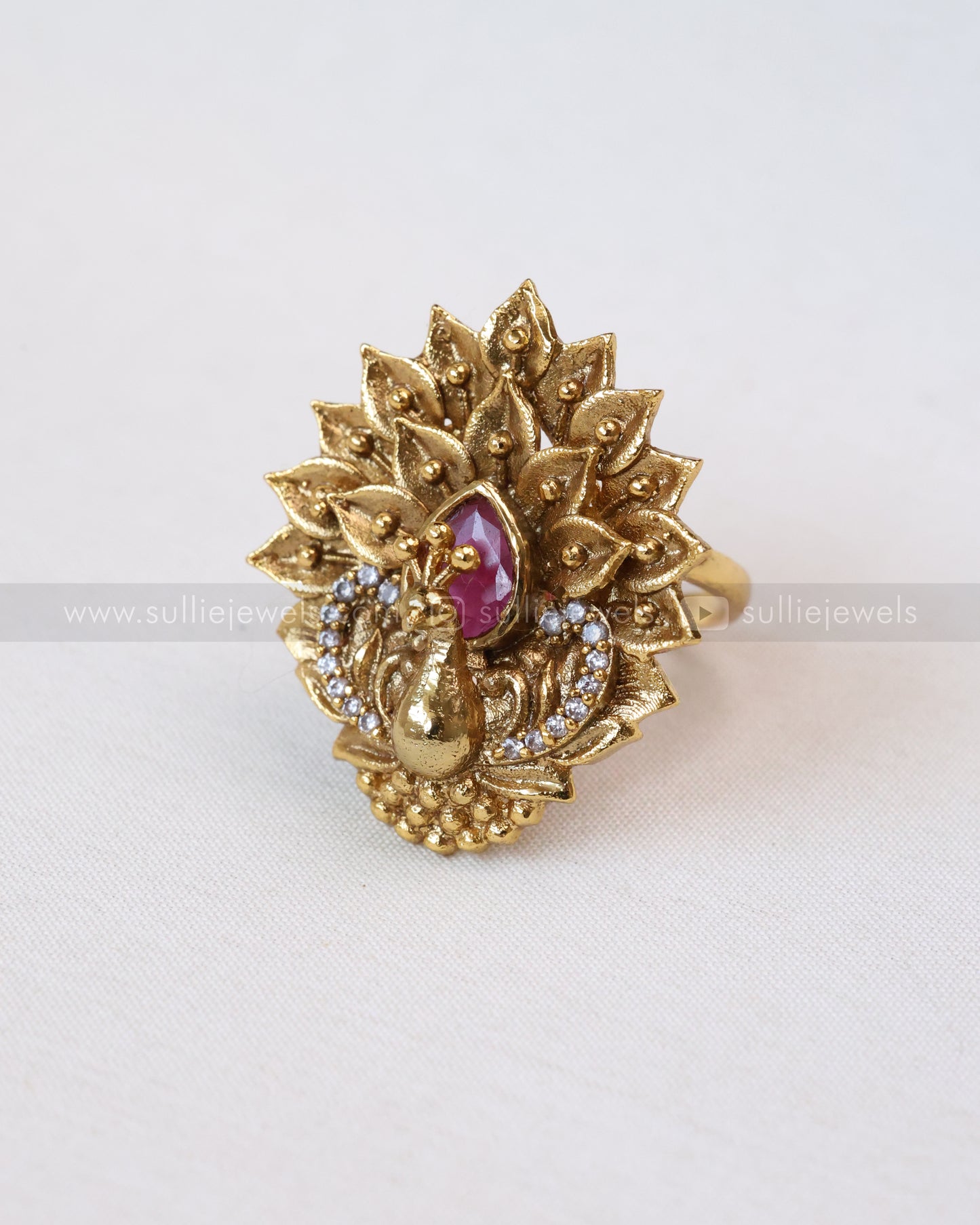 R28 - Ruby 3D Peacock Adjustable Ring