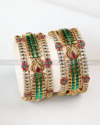 Green Peacock Floral Bangle Combo - Set of 6 Bangles